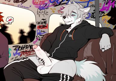 5_fingers akaro_(lukiro) anthro balls big_penis biped bodily_fluids canid canine canis claws clothed clothing english_text erection eyebrows fingers foreskin fur genital_fluids genitals glans group hair hi_res humanoid_genitalia humanoid_penis hybrid lukiro male male_only mammal masturbation penile penile_masturbation penis precum procyonid public public_masturbation raccoon silly_cat_(mauzymice) solo_focus tail text uncircumcised wolf