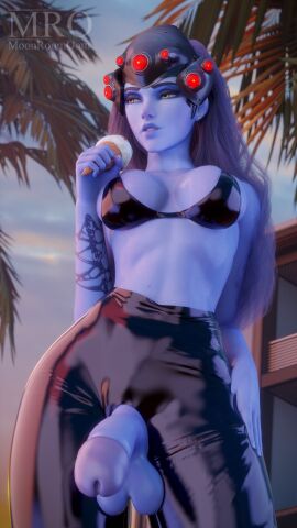1futa 3d blizzard_entertainment breasts crotchless crotchless_pants futa_focus futa_only futanari helmet hi_res high_resolution highres ice_cream intersex large_breasts latex moonroomoom overwatch overwatch_2 palm_tree purple_hair purple_skin simple_background solo solo_focus solo_futa widowmaker