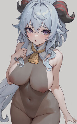 :o bare_arms bare_hands bare_shoulders bare_skin bell black_horn black_horns black_leotard black_suit blue-haired_female blue_eyebrows blue_hair blush blush_lines blushing_at_viewer blushing_female bodystocking breasts brown_pantyhose cleft_of_venus covered_navel covered_nipples cowboy_shot detached_collar embarrassed embarrassed_female embarrassed_nude_female exposed exposed_arms exposed_belly exposed_breasts exposed_legs exposed_midriff exposed_nipples exposed_pussy exposed_shoulders exposed_thighs exposed_torso female furrowed_brow ganyu_(genshin_impact) genshin_impact goat_horns gold_trim grey_background groin hair_between_eyes hands horn horns hourglass_figure jewelry juejue large_breasts legs_together leotard leotard_under_clothes long_hair looking_at_viewer medium_hair neck_bell nervous nervous_face nervous_female nipples open_mouth pantyhose parted_lips purple-eyed_female purple_eyes pussy see-through shoulders shy shy_expression simple_background slender_body slender_waist slim_female slim_waist solo standing thighlet thighs thin_waist tongue very_long_hair wavy_hair wide_hips
