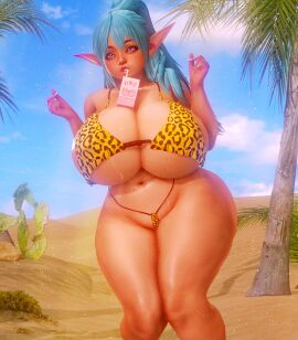 3d beach big_breasts bikini blue_hair breasts elf elf_ears elf_female female huge_breasts large_breasts leopard_print_bikini milkies pointy_ears swimsuit tan_body tan_skin voluptuous wide_hips