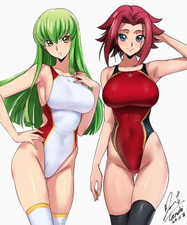 2girls big_breasts breasts c.c. code_geass duo female kallen_stadtfeld one-piece_swimsuit red_swimsuit swimsuit thighhighs thighs white_swimsuit yoo_tenchi