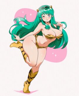 ;) animal_print aqua_eyes bare_arms bare_shoulders bikini blue_nails blush boots breasts closed_mouth commentary female full_body green_hair hand_up highres horns large_breasts looking_at_viewer lum navel one_eye_closed pink_background pointy_ears print_bikini print_boots smile solo sparkle standing standing_on_one_leg stomach swimsuit tiger_print two-tone_background urusei_yatsura vizaz white_background