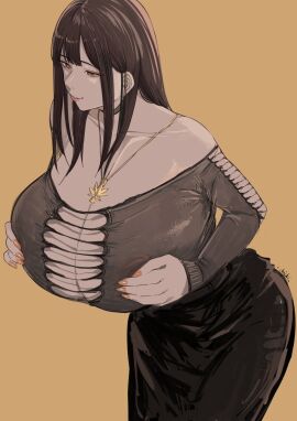 1girls big_breasts breasts chichi_8181 eyeshadow female hands_on_breasts huge_breasts lipstick long_hair makeup necklace orange_nails original plain_background red_lipstick