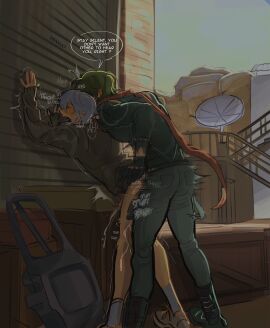 2boys ambiguous_penetration blush clothed clothed_sex covering_mouth cum cumming cumming_while_penetrated gay gay_male gay_sex lighter_(zenless_zone_zero) male male_only male_penetrated male_penetrating male_penetrating_male moaning outdoors pantless penis text wise_(zenless_zone_zero) yaoi zenless_zone_zero