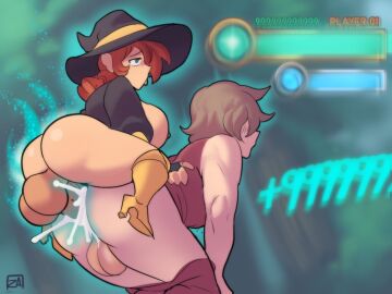 1boy 1futa amber_(zestysauce) anal anal_sex balls big_ass breasts breasts_out cum_in_ass cum_inside eyes_rolling_back female futa_on_male futanari healing healing_magic intersex large_penis larger_male light-skinned_futa male male_penetrated mounting orgasm partially_clothed penis perching_position shortstack size_difference small_but_hung small_dom_big_sub smaller_female sorceress witch_hat zestysauce