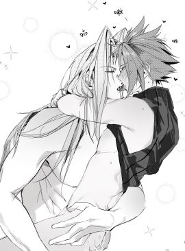 2boys after_sex arm_around_waist arms_around_neck ass bishie_sparkle blush chinese_commentary chinese_text closed_eyes clothes_lift cloud_strife commentary_request completely_nude cum cum_on_ass cum_on_body ear_blush final_fantasy final_fantasy_vii french_kiss full-face_blush greyscale hair_intakes hand_on_another's_thigh heart highres jeff_000000 kissing long_bangs long_hair male male_focus monochrome multiple_boys multiple_males no_pants nude parted_bangs sephiroth shirt_lift short_hair sleeveless sleeveless_sweater sparkle spiked_hair spoken_heart sweat sweater toned toned_male translation_request turtleneck turtleneck_sweater upper_body yaoi