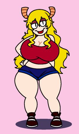 1girls artstyle_imitation bimbo blonde_hair booty_shorts cosplay crash_(series) dragon_horns female female_only hand_on_hip kobayashi-san_chi_no_maidragon lipstick long_hair lucoa mr_artstyle_(artist) quetzalcoatl_(miss_kobayashi's_dragon_maid) shortstack sneakers solo superiorfox_(style) tanktop tawna_bandicoot