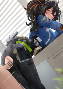 1boy 1girls ass ass_focus bent_over big_ass black_hair blush censored clothed female handlebar handles leaning_forward looking_at_viewer male n9at nervous pants penis ponytail red_eyes red_hair sex table torn_clothes torn_pants zenless_zone_zero zhu_yuan