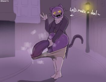 2024 anthro ass axoarts balls bedroom_eyes big_ass big_balls big_butt big_penis boots bottomwear clothing domestic_cat english_text fangs fear_and_hunger fear_and_hunger:_termina felid feline felis footwear fur genitals gesture glistening glistening_eyes gloves half-closed_eyes halloween hand_gesture hand_on_own_penis hand_on_penis handwear hi_res holidays huge_balls huge_cock hyper hyper_genitalia hyper_penis jacket looking_at_viewer male mammal musk musk_clouds narrowed_eyes outside penis pink_nose pocketcat purple_body purple_clothing purple_ears purple_fur purple_jacket purple_tail purple_topwear seductive sharp_teeth shoes smile solo standing street street_lamp tail teeth text thick_thighs topwear whiskers white_boots white_clothing white_footwear white_gloves white_handwear white_shoes yellow_bottomwear yellow_clothing yellow_eyes