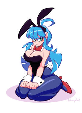 angry_face big_boobs breasts bulma_(bunny) bulma_(dragon_ball) bunny_girl bunny_suit dragon_ball female green_eyes large_breasts messy_hair nice_ass on_knees thick_thighs uncensored