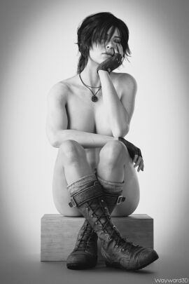 1girls 3d abs big_breasts birthmark black_and_white boots bottomless breasts closed_eyes closed_mouth female female_focus female_only fingerless_gloves gloves greyscale hi_res high_resolution highres lara_croft large_breasts naked_boots naked_footwear naked_gloves necklace nude simple_background solo solo_focus tomb_raider topless waywardsfm