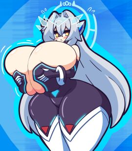 1girls alternate_breast_size blush bodysuit boots breast_expansion breast_growth breast_growth_(enlargement) breasts bursting_breasts cleavage code:_sariel_(elsword) elsword eve_(elsword) female female_only gem gensin grey_hair headgear huge_breasts large_breasts long_hair looking_at_viewer silver_hair skin_tight solo sweat sweatdrop thick_thighs thigh_boots thighs yellow_eyes