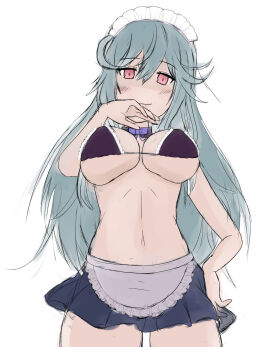 alternate_costume big_breasts breasts chaos_aurora_(grimms_notes) female grimms_notes large_breasts light_blue_hair long_hair maid_bikini messy_hair red_eyes sketch smile tetrane168 unfinished