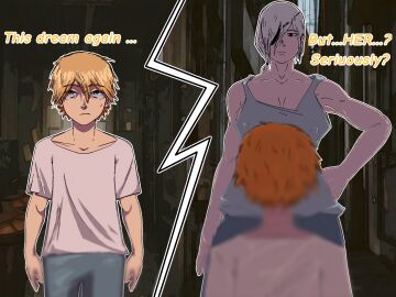 1boy 1girls 2d 2d_(artwork) age_difference alleyway blonde-haired_male blurdevil chainsaw_man collar colored comic denji_(chainsaw_man) dream dreaming dressed expressionless eyepatch female jeans_shorts male ponytail quanxi_(chainsaw_man) size_difference tank_top text white-haired_female white_hair white_shirt