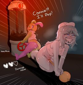 absurd_res animate_inanimate ass balloon_animal bodily_fluids bottomless clothed clothing connie_(dandy's_world) dandy's_world dialogue duo female ghost grinding_on_tail hi_res looey_(dandy's_world) male masturbation mouse_kenny saliva spirit tail tail_between_legs toons_(dandys_world) topwear topwear_only vaginal_masturbation vaginal_penetration