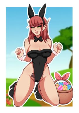 1girls 2d 2d_(artwork) abdominal_tattoo basket big_breasts black_bowtie black_leotard blood_elf blush bowtie breasts bunny_ears bunny_girl bunnysuit cia_nightfire cuffs deckman easter_egg elf female female_focus female_only festive golden_eyes high_elf kneeling leotard long_ears mrdeck noblegarden pinup pointy_ears pubic_tattoo red_hair solo tattoo warcraft white_cuffs white_skin world_of_warcraft yellow_eyes