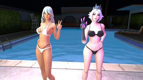 2girls 3d aphrodite aphrodite_(fortnite) breasts female fortnite fortnite:_battle_royale light-skinned_female light_skin long_hair looking_at_viewer medium_breasts multiple_females multiple_girls persephone persephone_(fortnite) pool short_hair swimming_pool swimsuit swimwear white_hair zen_art