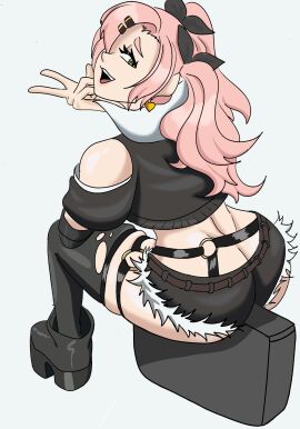 ass big_ass big_butt blank_background earrings female fuma95664 green_eyes hi_res long_hair nicole_demara open_mouth pink_hair seductive seductive_look seductive_smile shiny_skin sitting smiling thick_thighs thighs twintails zenless_zone_zero