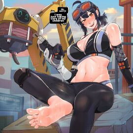 barefoot belobog_heavy_industries big_breasts black_hair blush breasts diforland english_dialogue english_text feet feet_fetish female foot_fetish footwear_removed grace_howard holding_shoes shoes_removed sitting soles sweat sweaty_feet talking_to_viewer toes zenless_zone_zero
