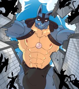 anthro big_bulge blue_body bulge canid canine city clothing cloud destruction detailed_bulge fish_eye_view generation_4_pokemon genital_outline happyending hi_res looming low-angle_view lucario macro male mammal muscular muscular_male nintendo nipples pokemon pokemon_(species) red_eyes silhouette speedo spines swimwear