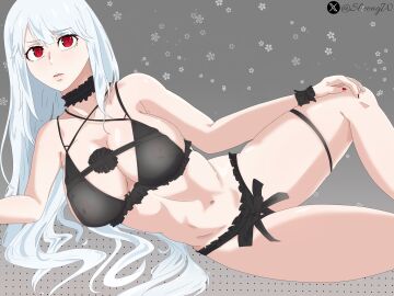 big_breasts black_clothes black_clothing breasts date_a_live date_a_live:_date_a_bullet empty_(date_a_bullet) female higoromo_hibiki lying lying_down nails_painted red_eyes sheong_wong swimsuit swimwear tits_bigger_than_head visible_nipples white_hair