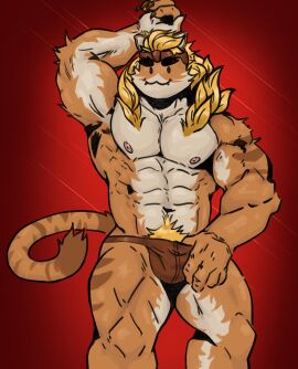 2d :3 absurd_res anthro clothed clothing domestic_cat epic_games felid feline felis finger_in_underwear fortnite hi_res male male_focus male_only mammal marvel marvel_comics meowscles meowscles_(fortnite) meowtooth meowtooth_(fortnite) metrix muscular muscular_male navel nipples raised_arm red_background simple_background solo tail thong thong_only topless underwear underwear_only
