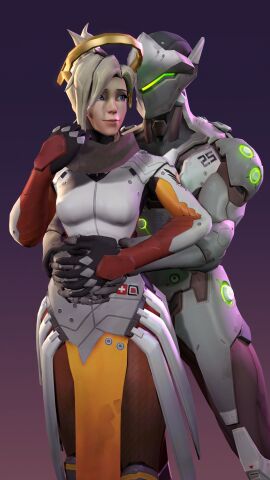 1boy 1girls 3d 3d_(artwork) 3d_model angela_ziegler blizzard_entertainment bodysuit clothed darknessringo female female/male genji genji_shimada happy japanese loving_couple male male/female mercy middle_aged overwatch overwatch_2 romantic_ambiance romantic_couple straight swiss together
