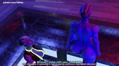 3d alien alien_humanoid aria_t'loak asari_futa balls blender comic comic_page english english_text futanari glowing_piercing huge_balls huge_cock intersex latex_clothing liara_t'soni mass_effect no_nut_november penis piercings tease vikhlop