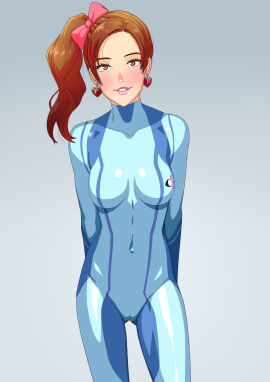 1girls ass_visible_through_thighs belly_button_visible_through_clothing bodysuit cameltoe cosplay earrings female female_only fully_clothed heart_earrings kim_(tekuho) looking_at_viewer metroid navel_visible_through_clothes original plugsuit pussy samus_aran_(cosplay) simple_background solo standing suit teenage_female teenager tekuho tight_clothing white_background zero_suit