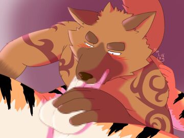 anthro arm_tattoo benki_wars blush brown_body brown_fur canid canine canis captain_dog censored domestic_dog duo felid fellatio fur german_shepherd herding_dog hi_res lieutenant_trouser male male/male mammal nude oral pantherine pastoral_dog penile penis sex shi_ba_ki_chi simple_background striped_body striped_fur stripes tattoo tiger