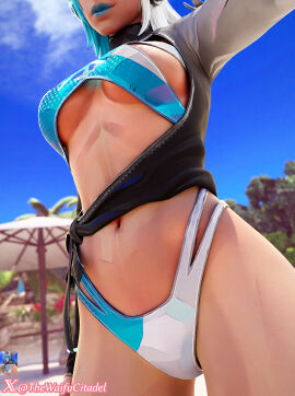 3d 3d_(artwork) beach belly belly_button darkbahamuth female female_torso luna_snow luna_snow_(cool_summer) luna_snow_(marvel_rivals) marvel marvel_comics marvel_rivals midriff pinup sfw