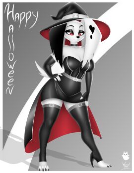 absurd_res anthro armwear bottomwear canid canine clothing costume female halloween halloween_costume hellaverse helluva_boss hi_res holidays legwear mammal paws pinup pose ruffette_(helluva_boss) skirt solo stockings tail wizard1997
