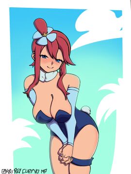 1girls at background blue blush boots breasts crossed elbow eyes female footwear game_freak gloves gym_leader hair large legs looking mouth nintendo open ornament pokemon pokemon_bw red reycuervomp shorts sidelocks sitting skyla_(pokemon) smile solo suspenders thighs viewer white