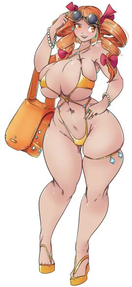 1girls 2d bag bare_shoulders belly belly_button big_breasts bikini bikini_only blush breasts drill_hair female ginger ginger_hair glasses glasses_on_head greenm hair_ribbon hips huge_breasts jo'on_yorigami large_breasts looking_away open_mouth orange_eyes orange_hair rings shoes smile solo source standing sunglasses sunglasses_on_head thick_thighs thighs tied_hair touhou twintails wide_hips
