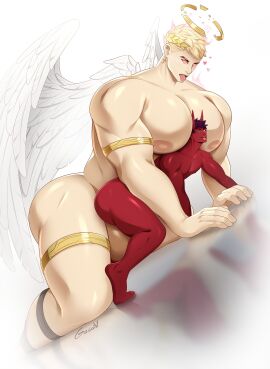 2boys anal anal_insertion anal_sex angel ass big_ass big_dom_small_sub demon demon_horns domination gasaiv gold_band gold_jewelry grinding head_between_pecs huge_pecs larger_male male male/male male_focus male_only male_penetrated male_penetrating male_penetrating_male moan multiple_boys multiple_males muscles muscular muscular_male red_skin size_difference size_play very_muscular