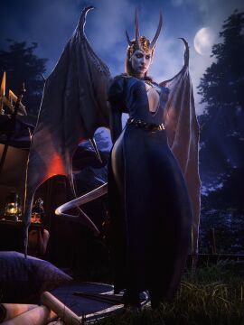 2025 2girls 3d 3d_(artwork) athletic athletic_female baldur's_gate baldur's_gate_3 balls big_penis blender breasts cleavage demon demon_girl demon_horns detailed_background dress elf elf_ears elf_female fantasy female female_focus female_only grey_body grey_skin hi_res highres looking_at_viewer male medium_breasts mizora pastelhole penis pose posing presenting shadowheart shadowheart_(baldur's_gate) showing_off thick_thighs viewed_from_below watermark