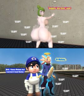 1girls 2boys 3d axol_(smg4) balls big_ass_(female) blushing boner clapping_cheeks completely_nude dialogue female garry's_mod ghost gmod halo heartbeat kaibernation male melony_(smg4) naked naked_female nude nude_female onomatopoeia pants_rip showing_ass smg4 smg4_(character) text throwing_it_back twerking