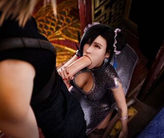 1boy 1girls 3d 3d_(artwork) :>= black_hair blonde_hair blowjob bwc china_dress clothed_sex cloud_strife cyberbolt double_bun fellatio final_fantasy_vii final_fantasy_vii_remake grabbing_penis hi_res highres huge_cock indoors kneeling large_penis long_hair on_knees penis_out sex spiky_hair square_enix straight tifa_lockhart very_high_resolution