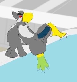 2025 5_fingers absurd_res anthro avian balls bathing bathroom bathtub beak big_balls big_beak big_penis bird blue_penis digital_drawing_(artwork) digital_media_(artwork) erection feathers feet fingers genitals grey_body grey_feathers hi_res huge_cock humanoid_genitalia humanoid_penis male multicolored_body multicolored_feathers nude nude_male penis rafon red_eyes red_sclera signature solo spritola_(artist) talons toes water white_body white_feathers winged_arms wings yellow_beak yellow_talons