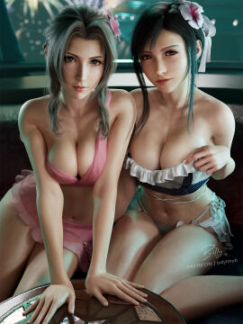 2girls 3d 3d_(artwork) aerith_gainsborough alternate_costume alternate_hairstyle belly_button bikini billyhhyb black_hair blender breasts_squeezed_together brown_hair cleavage final_fantasy final_fantasy_vii final_fantasy_vii_rebirth final_fantasy_vii_remake green_eyes hair_ornament hourglass_figure kneeling large_breasts long_hair looking_at_viewer red_eyes sitting slim_waist tagme teenager thick_thighs tied_hair tifa_lockhart wide_hips