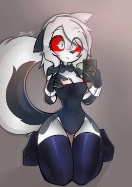 belly belly_button byzeru dog_ears dog_tail female furry hellhound helluva_boss latex_suit oc sky_(byzeru) skyart solo solo_female solo_focus thighhighs