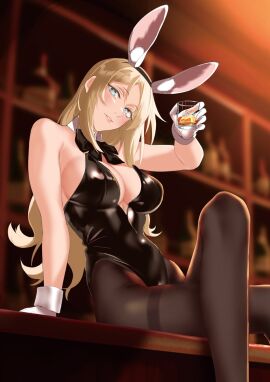 1girls adult adult_female arm_support backless_leotard bare_arms black_backless_leotard black_bowtie black_bunnygirl_costume black_bunnysuit black_legwear black_leotard black_pantyhose black_topwear blonde-haired_female blonde_eyebrows blonde_female blonde_hair blue-eyed_female blue_eyes bowtie breasts bunny_ears bunny_girl bunny_tail bunnygirl_outfit busty character_request cleavage collar collarbone copyright_request crossed_legs dark_background dot_nose female female_focus female_only fingers gloves hairband head_tilt high_resolution highres indoor indoors knees large_breasts legs legs_crossed legwear leotard light-skinned_female light_skin lips long_hair looking_at_viewer mature_female pantyhose parted_bangs parted_lips shingyo shingyou_(alexander-13) shoulders sideboob sitting sitting_on_table slender_body slender_waist slim_female slim_waist solo table thick_thighs thighs thin_waist tilted_head topwear underboob upper_body v-line white_bunny_ears white_collar white_gloves white_hairband white_wrist_cuffs wide_hips wrist_cuffs