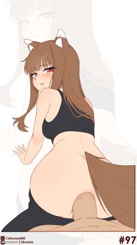 1boy 1boy1girl 1girls absurdres all_fours anal anal_penetration anal_sex animal_ears animal_tail anus ass black_sports_bra blush blushing_female breasts brown-haired_female brown_hair clothed clothed_female clothed_sex commentary english_commentary female female_penetrated from_behind highres hime_cut holo kemonomimi likunea long_hair looking_at_viewer looking_back male male_penetrating male_penetrating_female medium_breasts patreon_logo patreon_username penis penis_in_ass red-eyed_female red_eyes sex sex_from_behind simple_background solo_focus spice_and_wolf sports_bra straight tail twitter_username twitter_x_logo uncensored white_background wolf_ears wolf_girl wolf_tail zoom_layer