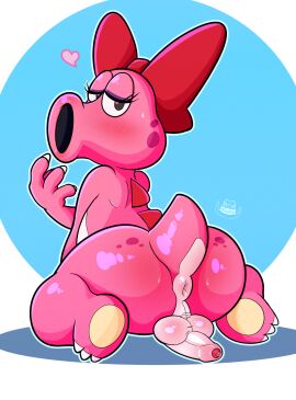 anthro anus ass balls bedroom_eyes big_ass big_butt birdo birdo_(character) blush bow_ribbon boyhowdy dinosaur erection foreskin from_behind_position futanari genitals heart_symbol hi_res humanoid_genitalia humanoid_penis intersex looking_at_viewer looking_back mario_bros narrowed_eyes nintendo penis prehistoric_species puffy_anus reptile scalie seductive sex teasing teasing_viewer uncircumcised