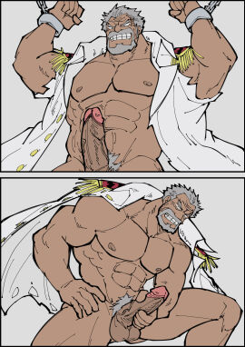 balls bara beard boner chains erection facial_hair grey_hair male male_only masturbation monkey_d_garp mostly_nude muscles muscular old_male one_piece patchcaacaa penis solo solo_male yaoi
