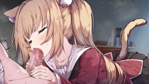 animal_ear_fluff animal_ears blonde_hair cat_ears cat_girl cat_tail censored closed_eyes clothed_female_nude_male fellatio female highres jon_(pixiv31559095) male mosaic_censoring nude oral original penis solo_focus straight tail