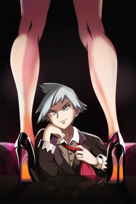1boy 1girls being_watched black_heels cynthia_(pokemon) female heels high_heels implied_nudity male orange_bottom_heels pokemon pokemon_rse silver_eyes silver_hair sitting stage steven_stone_(pokemon) tie vivivoovoo