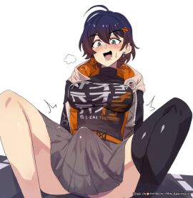 1futa ahoge asymmetrical_legwear belle_(zenless_zone_zero) big_breasts blue_eyes blue_hair blush blushing breast_milk breasts bulge bulge_through_clothing bulge_under_clothes clothed clothing colored_hair erection erection_under_clothes erection_under_skirt excited fully_clothed futa_only futanari hair_accessory hidden_penis hinghoi human implied_futa intersex jacket light-skinned_futa light_skin milk panties penis penis_bulge princesshinghoi short_hair sitting skirt solo sweat sweating tagme tenting thigh_high thighhigh zenless_zone_zero