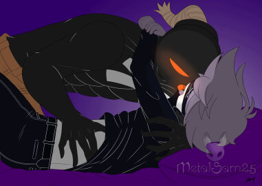 2022 abs arms_around_partner bed belt black_body blush bomb_humanoid chest_markings eyepatch friday_night_funkin gay grabbing grey_hair kissing making_out male male_only messy_hair metalsam25 more_at_source muscular muscular_male no_sex object_head orange_eyes pecs purple_background ruv_(dokki.doodlez) shirt_lift shirtless tagme white_body whitty_(friday_night_funkin) wholesome yaoi