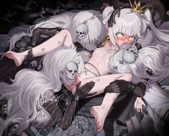 4girls absurdres artist_request barefoot black_gloves breast_sucking breasts colored_skin commentary_request commission completely_nude crown crying crying_with_eyes_open cunnilingus elbow_gloves feet female_ejaculation flat_chest gloves grey_skin hair_ornament highres kissing korean_commentary large_breasts lipstick_mark lipstick_mark_on_leg long_hair lying multiple_girls navel nipples nude on_back oral original pointy_ears pussy red_eyes second-party_source skull_hair_ornament tears twintails uncensored white_hair wide-eyed yuri